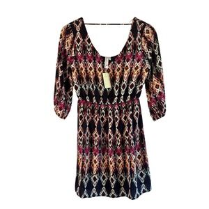 Pink Owl Diamond Print Dress V-Neck 3/4 Sleeve Casual Dress‎ Size S